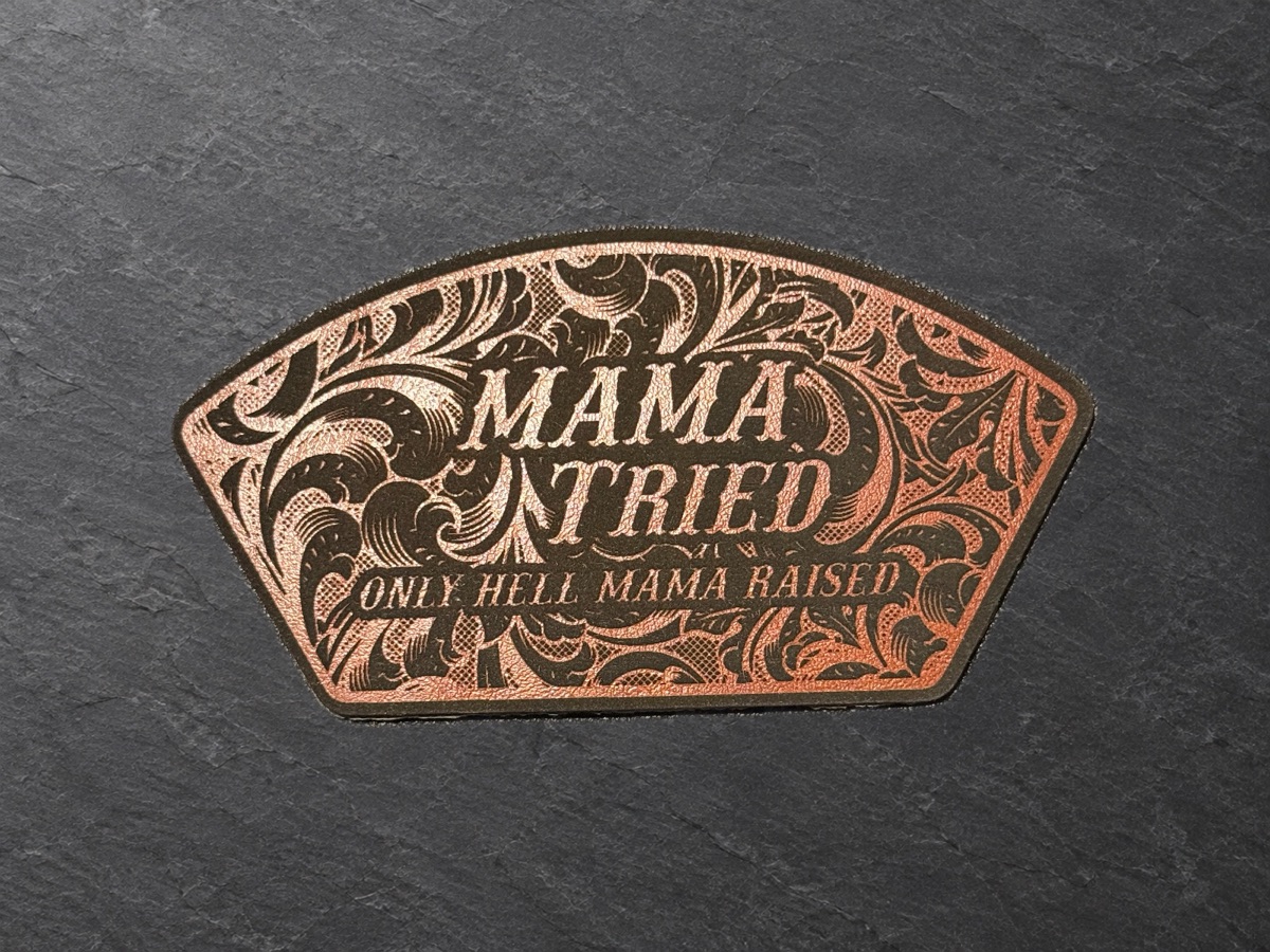 Mama Tried patch, copper and dark leather patch