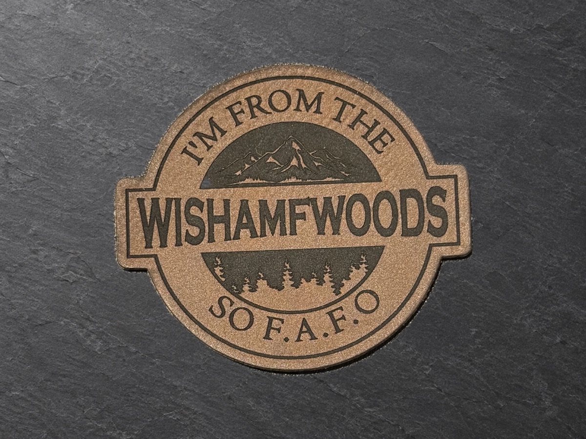 Wishamfwoods patch, tan round patch