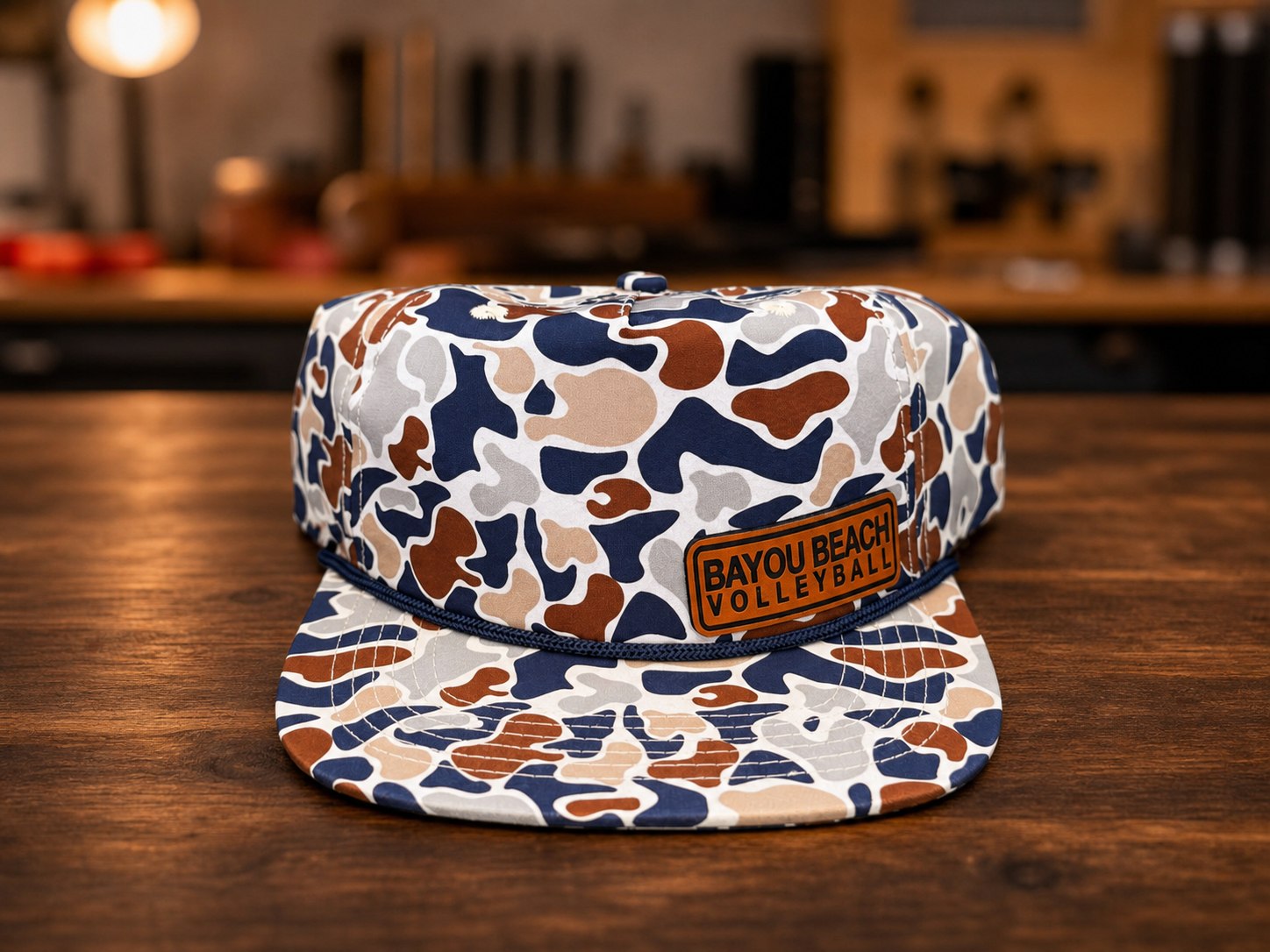 Camouflage rope hat with Bayou Beach Volleyball leather patch.