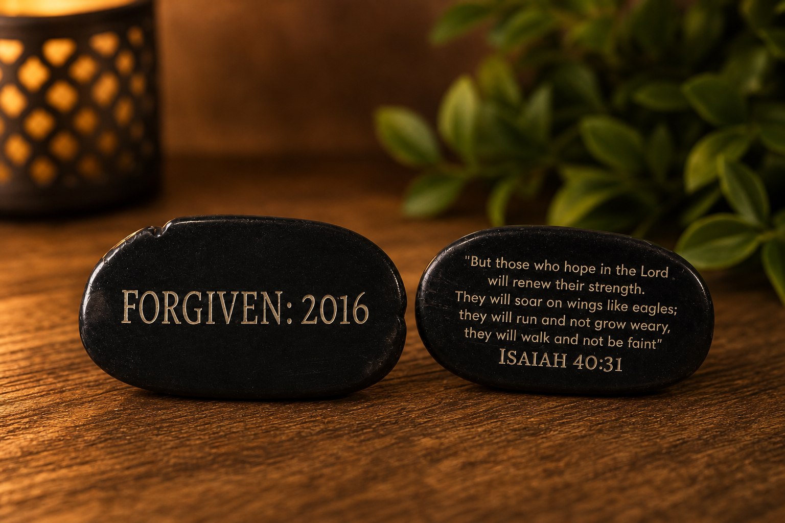 Two black engraved keepsakes with Forgiven 2016 and Isaiah 40:31 text.