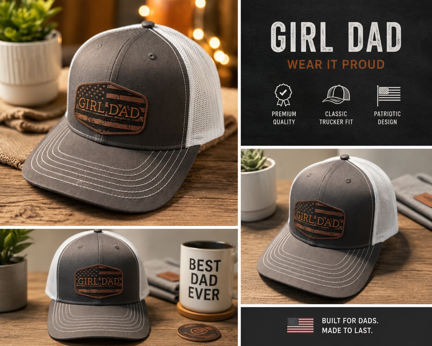 Gray and white trucker hat with a patriotic Girl Dad leather patch.