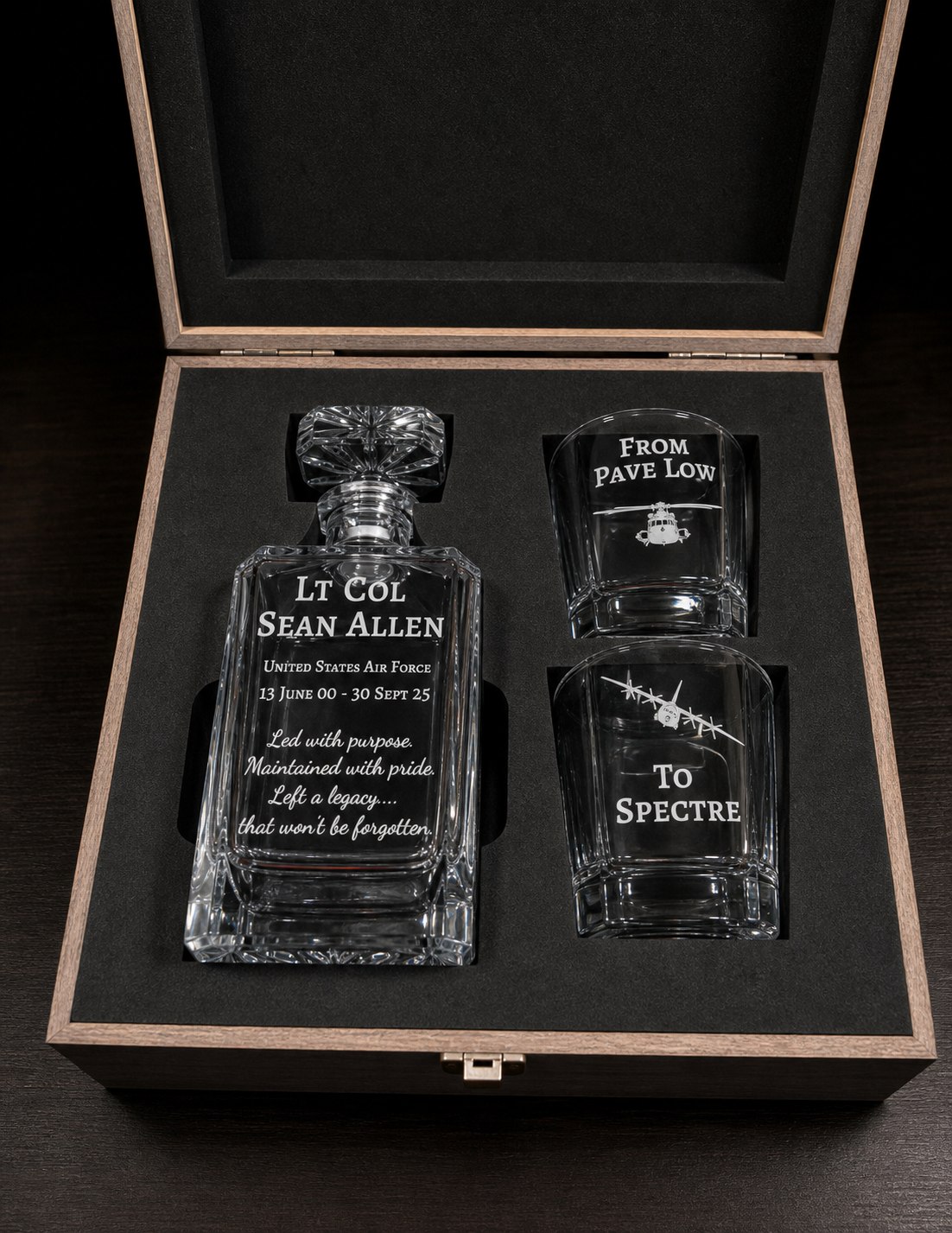 Open decanter gift set engraved for Lt Col Sean Allen with two custom glasses.