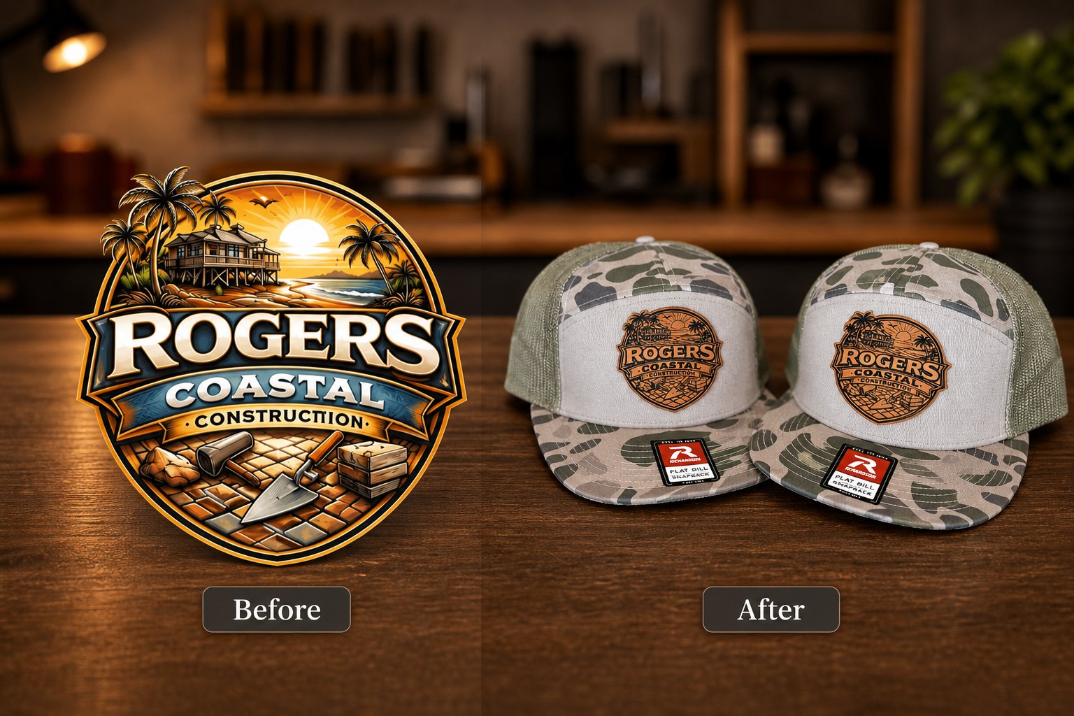 Before-and-after layout showing Rogers Coastal Construction artwork converted into leather patch hats.